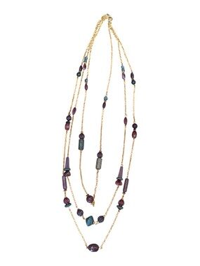 Vintage Boho Layered Necklace Gold‎ Tone BeadsPurple Teal Multistrand Statement